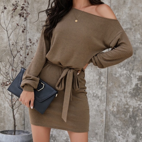Off the shoulder rib knit belted long sleeVE dress - Picture 6 of 12